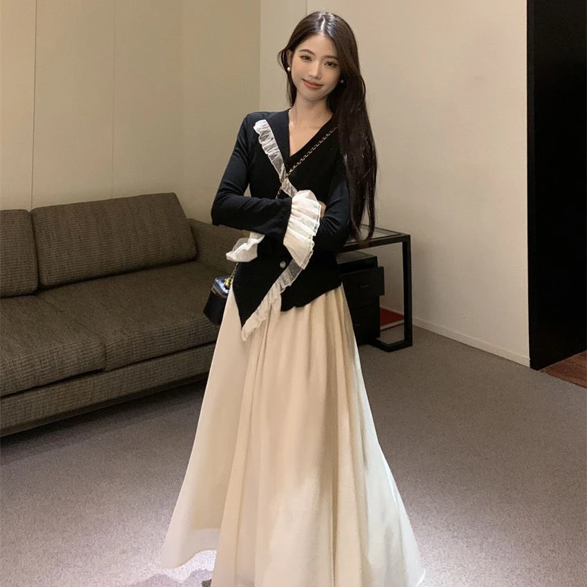 温柔风气质穿搭套装女春季2024新款不规则蕾丝长袖上衣高腰半身裙