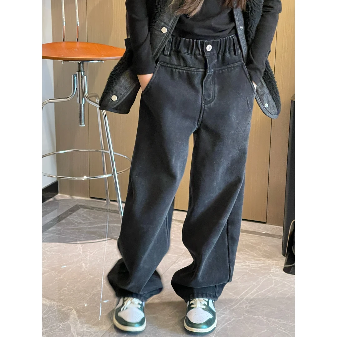 YKS 复古洗水宽松百搭微锥加绒牛仔裤—1750