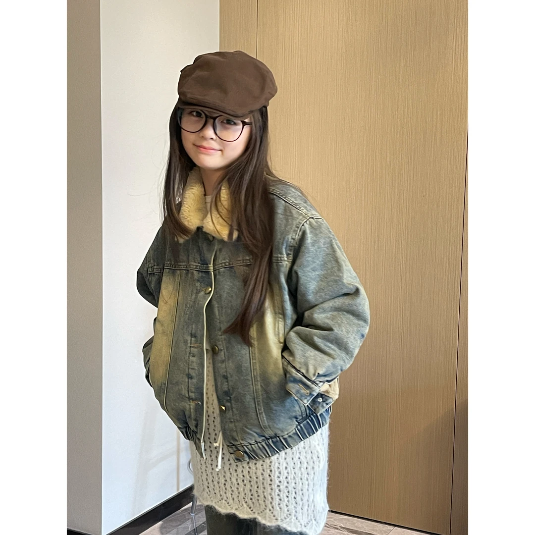 YKS 复古做旧牛仔毛毛短款夹克外套——1008