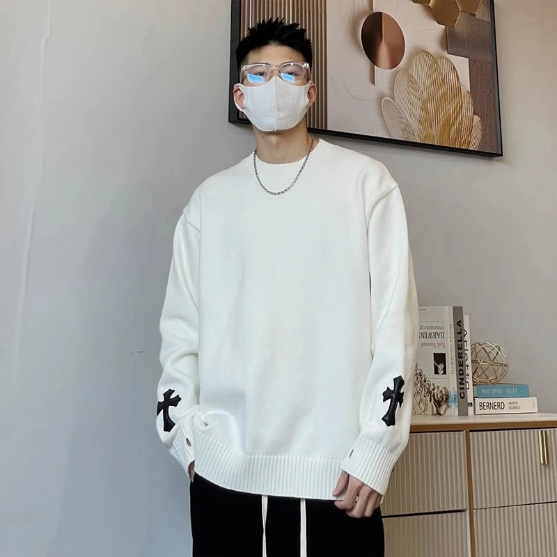 秋冬新款十字架高级感设计百搭情侣款针织衫潮流毛衣宽松休闲圆领