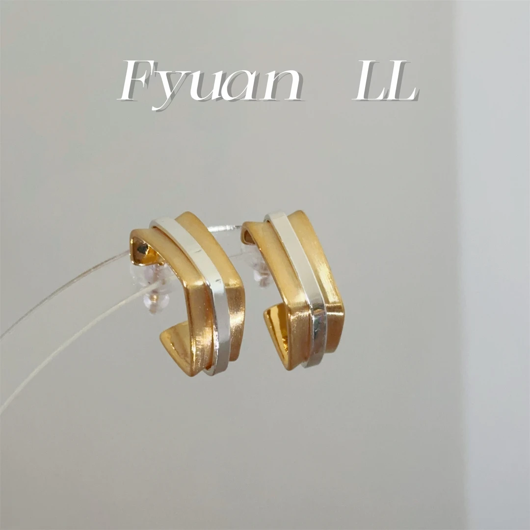 铜合金耳饰 法式简约几何金银双色C型耳环高级感小众设计御姐耳圈