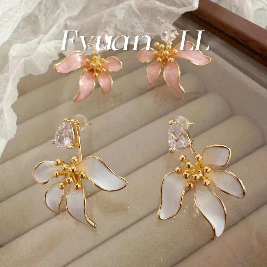 铜合金耳饰 气质时尚个性山茶花水滴锆石气质耳钉