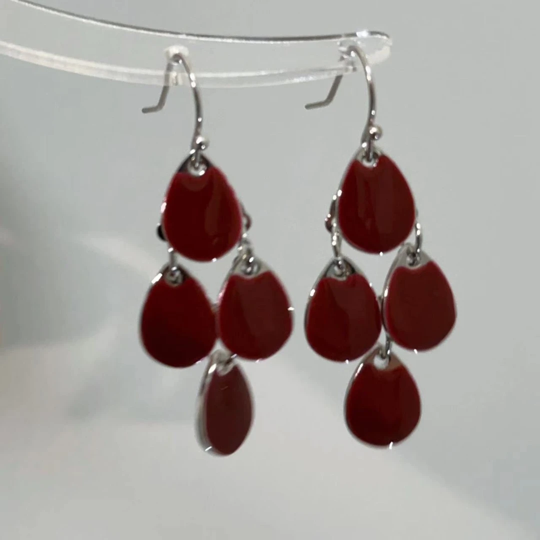 铜合金耳饰 复古红水滴形夸张耳环欧美风精致百搭流苏形耳坠耳饰