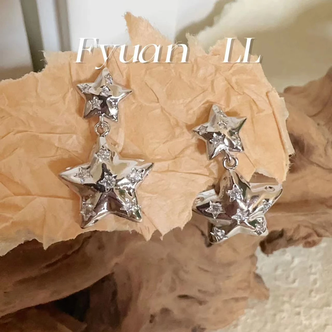 铜合金耳饰 [有耳夹]星星锆石闪亮耳环宴会显脸小超闪五角星耳钉