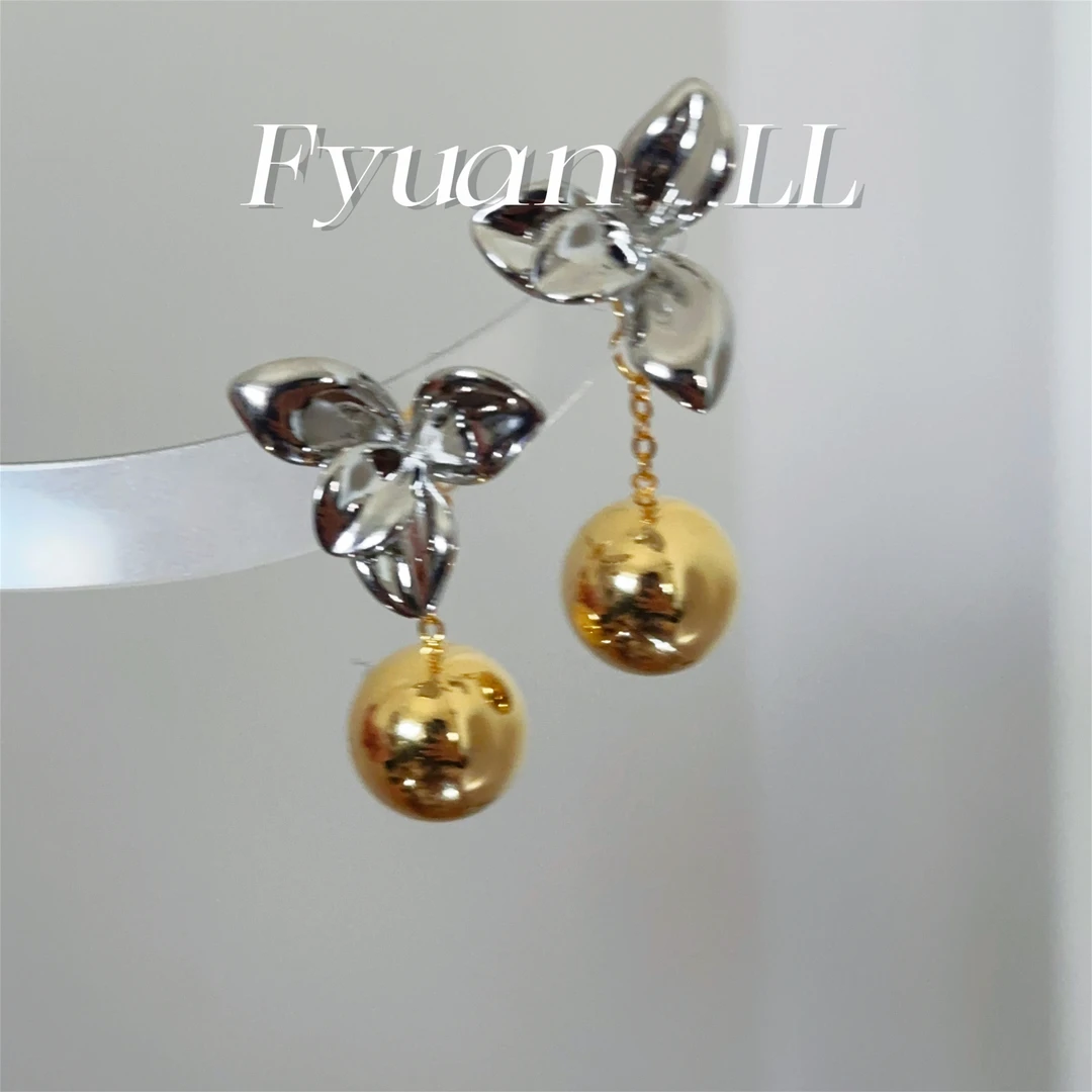 铜合金耳饰 法式花圆球吊坠耳环2024爆款高级感耳坠精致气质耳饰