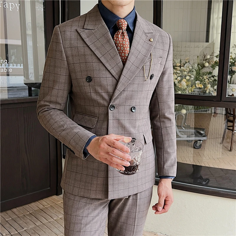 修身韩版双排格子潮流西服高级感西装套装男士婚礼结婚商务X920