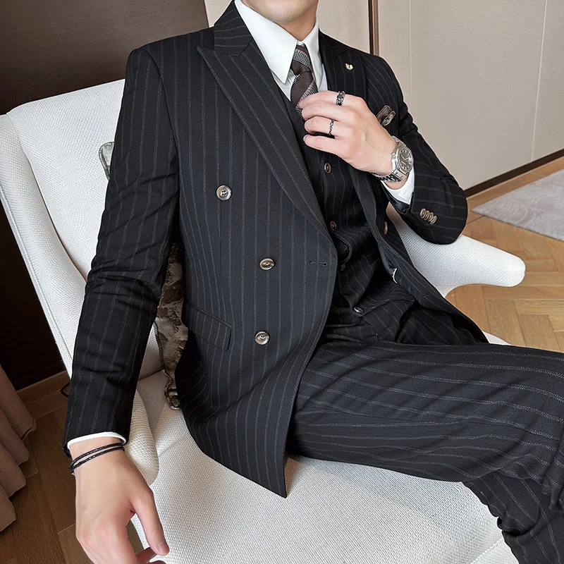 双排条纹西服套装英伦风高端男高贵男士休闲婚礼结婚修身SJT9360