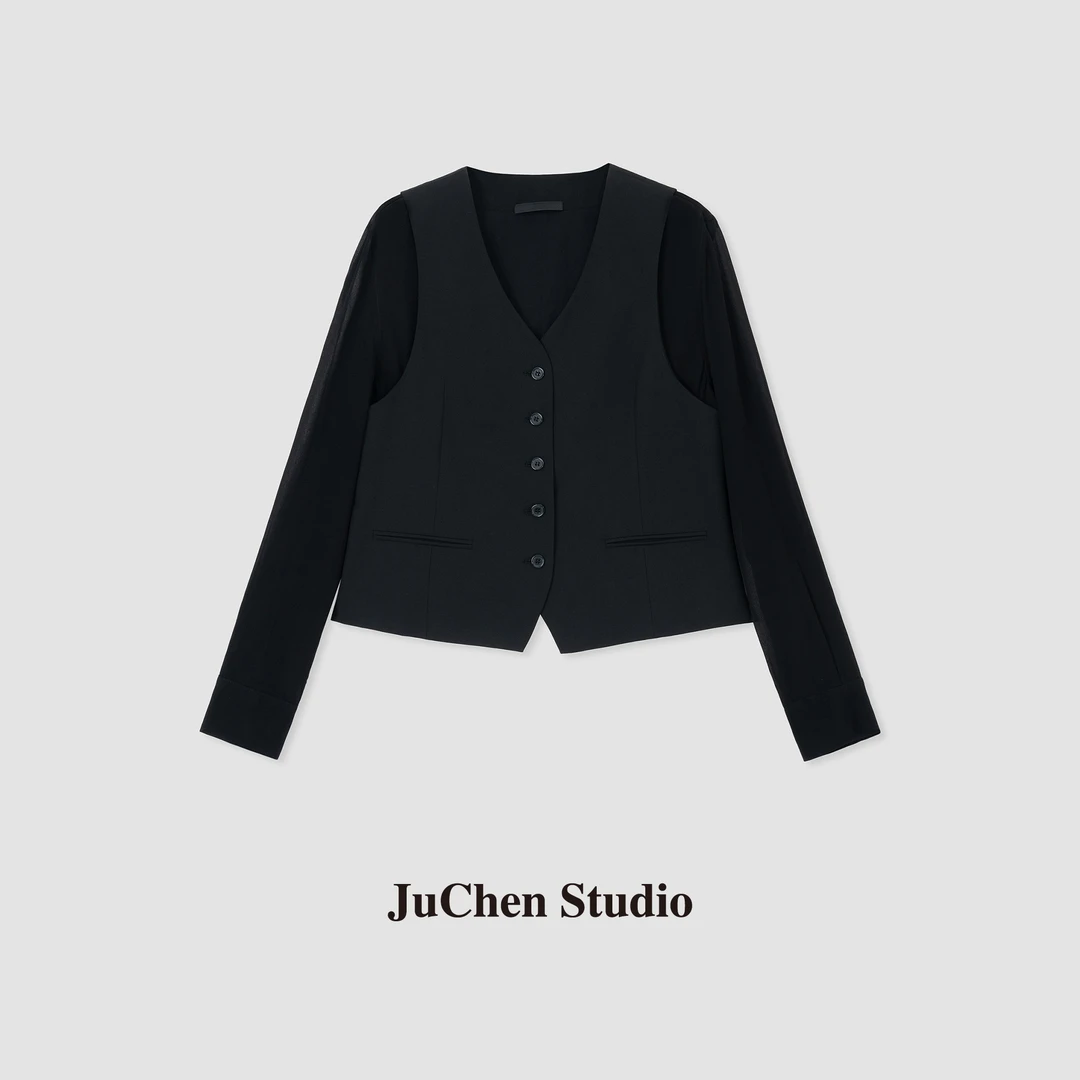 "提炼夏日摩登LOOK“立裁马甲拼接黑纱假两件薄款上衣SS032259