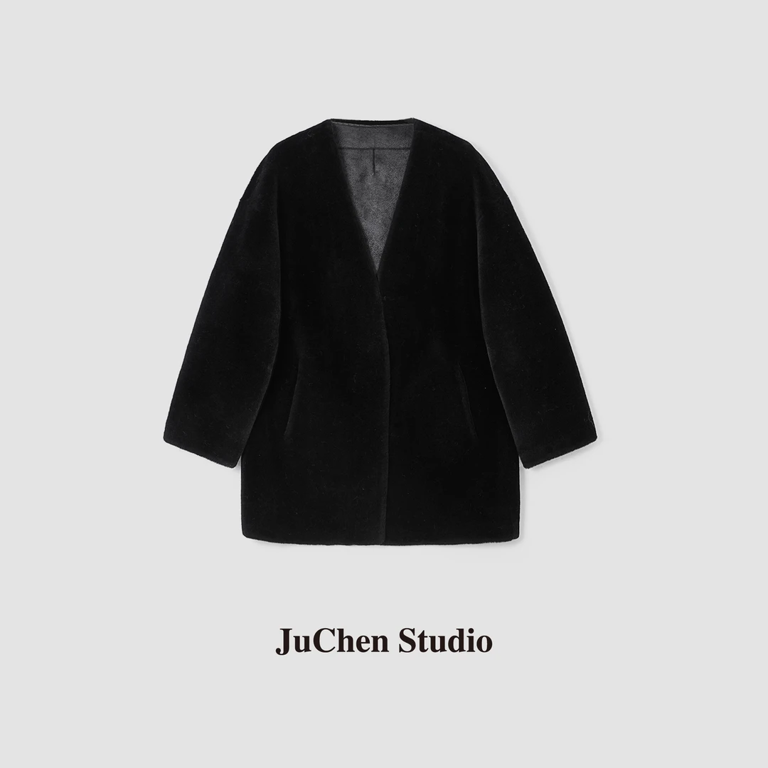 自带柔光滤镜  两色轻奢绵密短直毛羊毛外套中长款FW23319-62