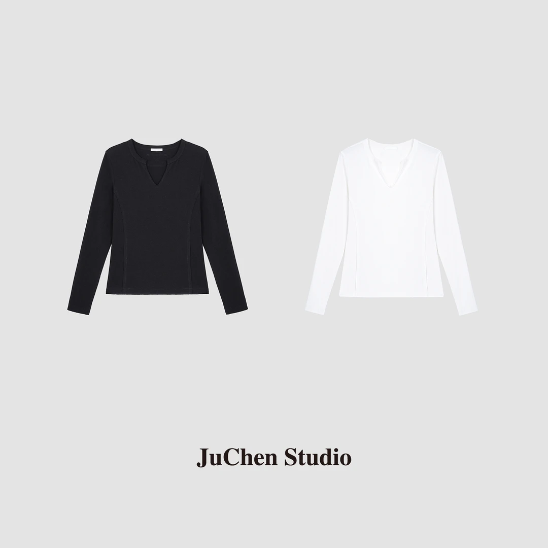 法式性感小V领春夏微弹基础纯色打底长袖T恤SS011915