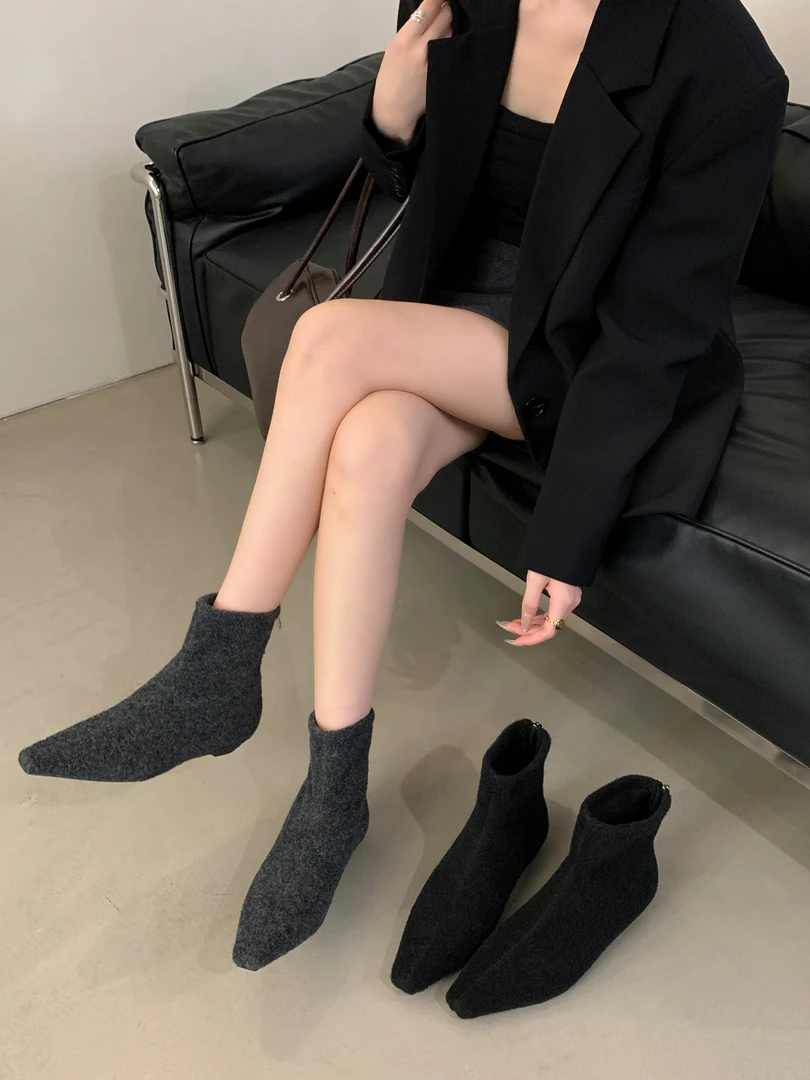 韩版绒面短筒低跟切尔西靴小方尖头2025新款秋冬季加绒裸靴短靴女