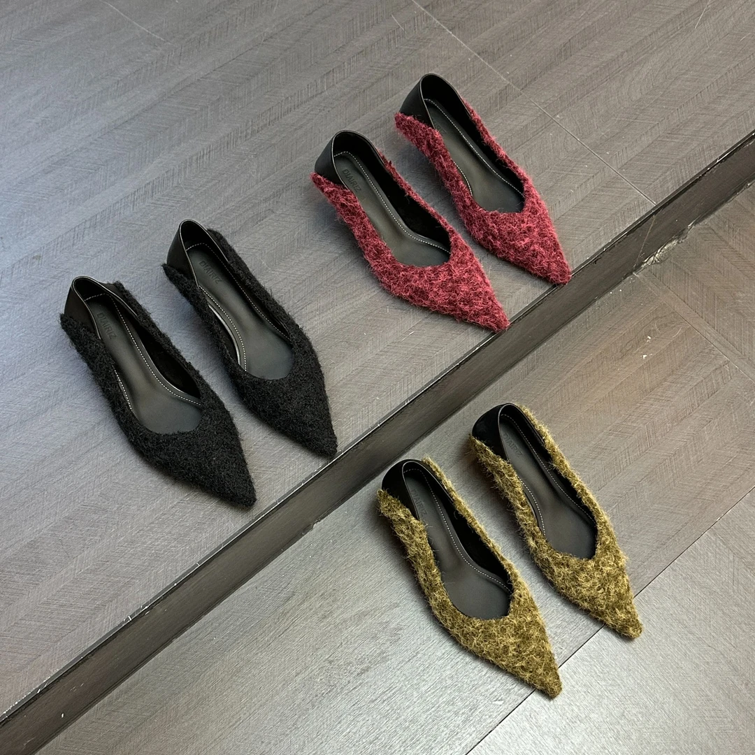 尖头毛毛鞋小香风单鞋女2025秋冬新款法式气质细跟女鞋毛绒工作鞋