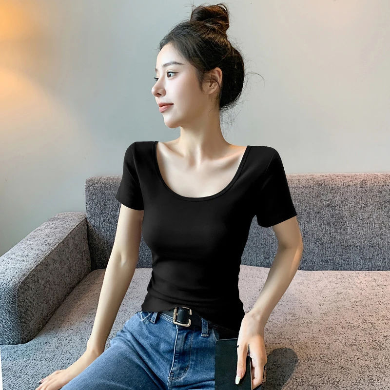 黑色双u领短袖t恤女2025新款夏装低领打底大领口半袖修身洋气上衣