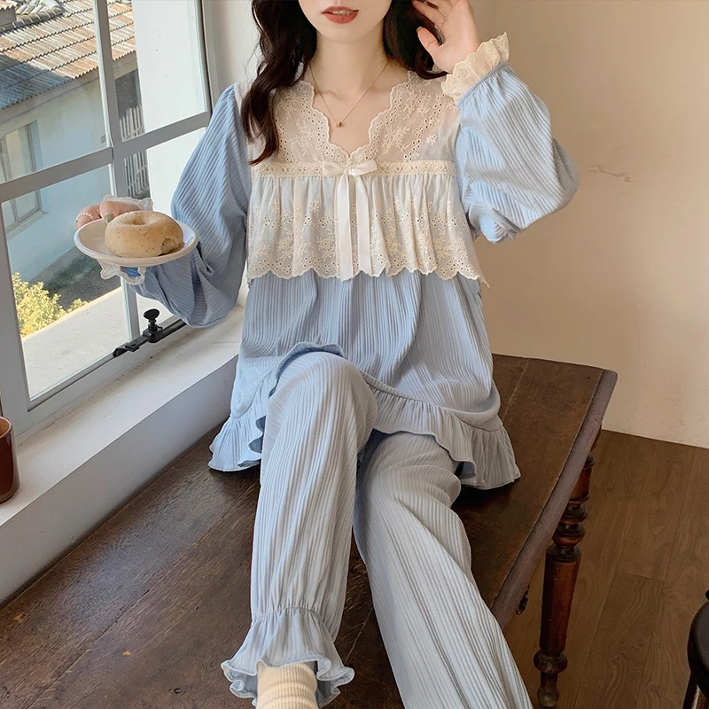 睡衣女夏季梭织棉薄款长袖套装夏天女士甜美可爱春秋家居服可外穿