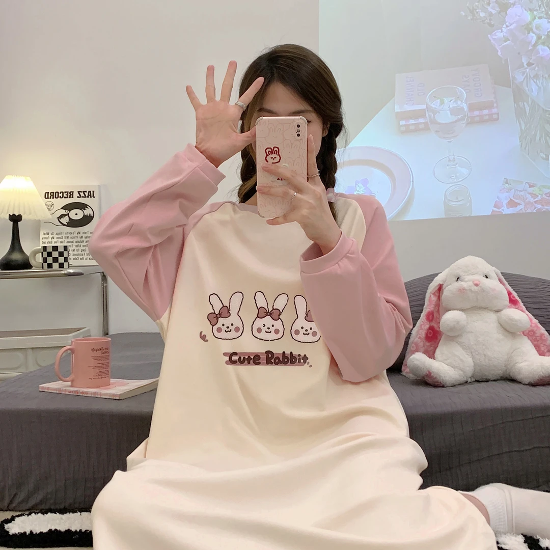 睡裙女春秋纯棉2025年新款宽松可爱女士夏季长袖可外穿家居服睡衣