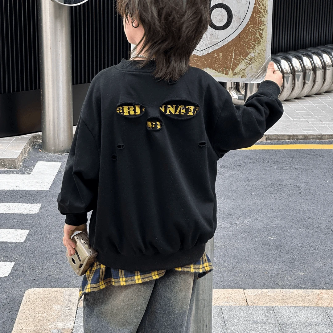 儿童春款破洞卫衣韩版中大童宽松运动休闲双层印花套头上衣