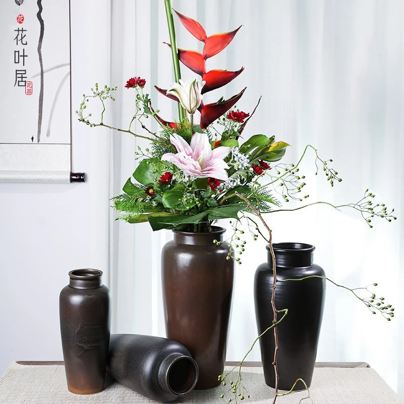 新中式插花陶瓷花瓶柳瓶中国传统插花器直筒瓶客厅装饰摆件水养培
