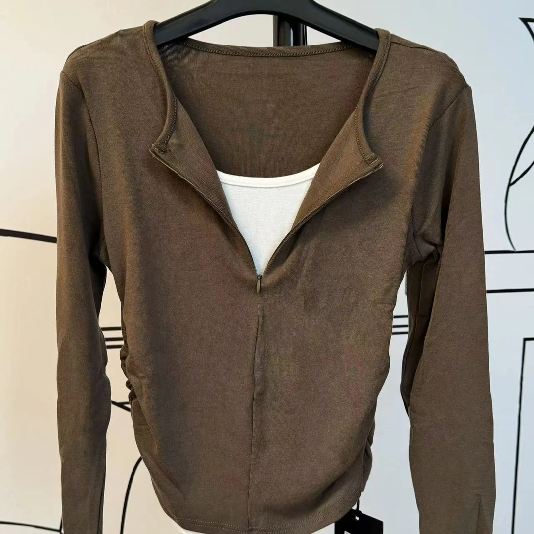 "泛澜"假两件拉链长袖收腰打底上衣T