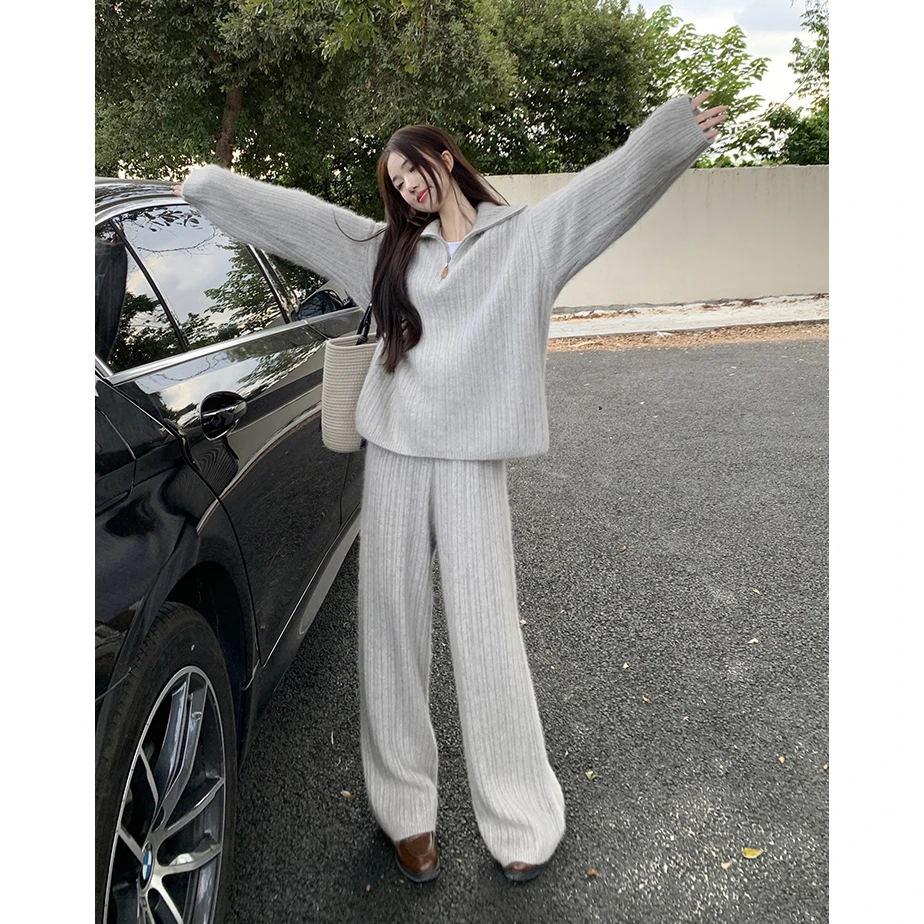 大码女装韩系穿搭时尚慵懒风小众毛衣上衣2025新款显瘦阔腿长裤