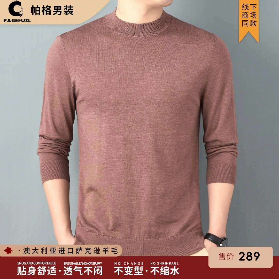 帕格可机洗纯色轻奢男士高品质100%萨克逊休闲精纺半高领毛衣男