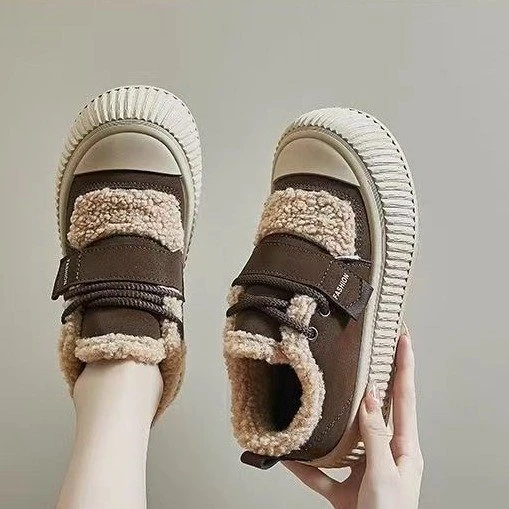 公主请下单厚底板鞋女2023秋冬新款加绒加厚羊羔毛休闲百搭饼干鞋