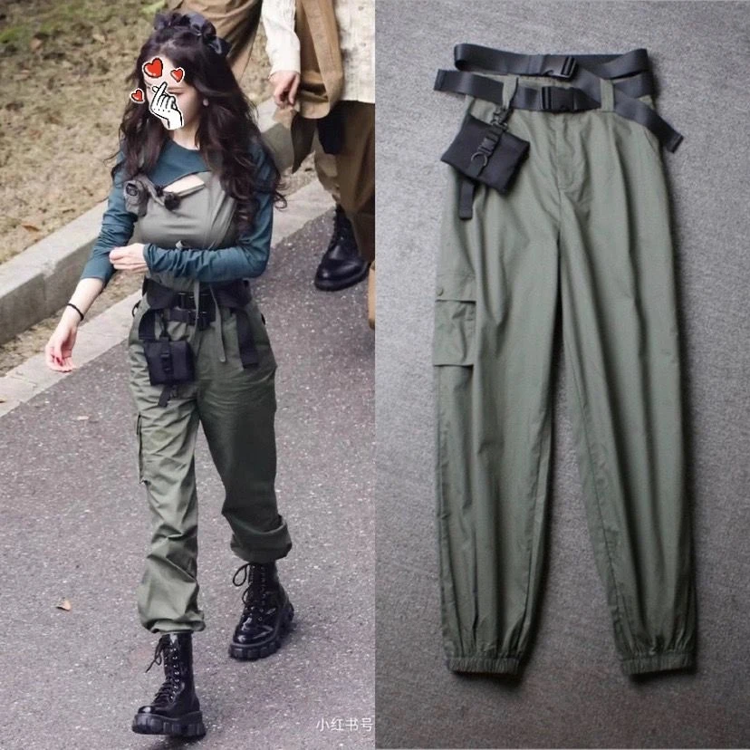 密室大逃脱杨幂同款军绿色休闲工装裤套装女秋设计感小众绑带上衣