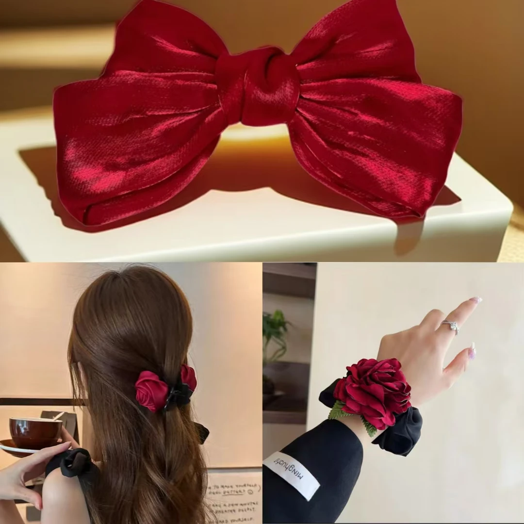 三个装气质缎面玫瑰花高级感半扎发夹鲨鱼夹发卡1120+1261+2213