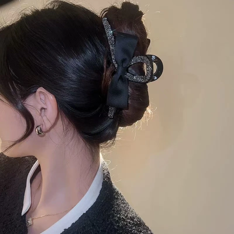 约13cm高端水钻蝴蝶结抓夹黑色高级感网红新款盘发鲨鱼夹发抓1487