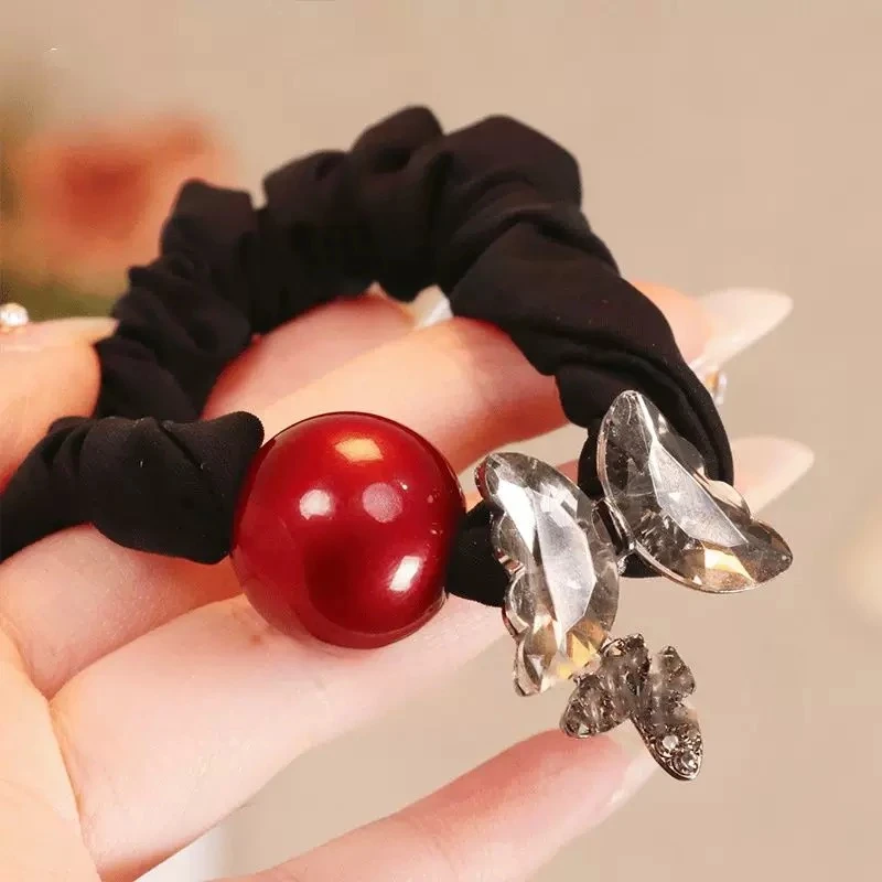 时尚红色发绳精致蝴蝶结闪钻头绳黑色高弹力扎马尾小肠圈皮筋2240