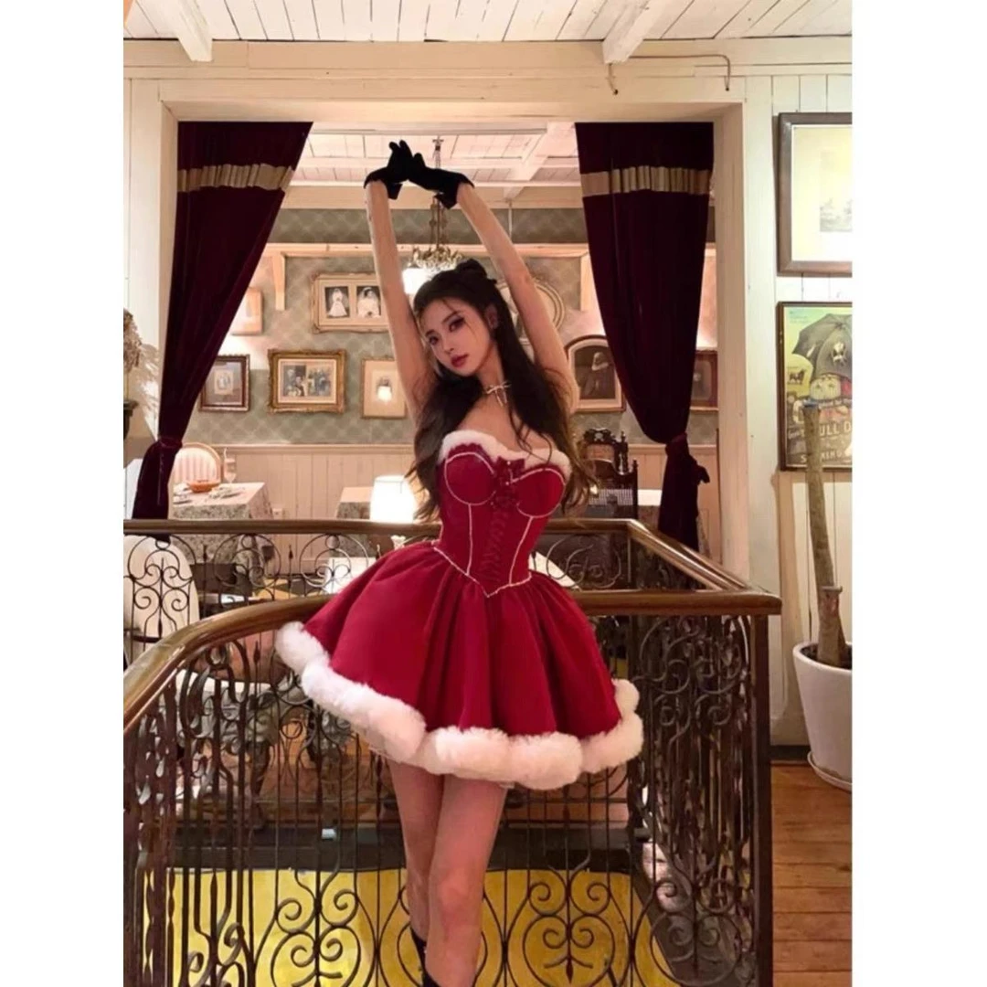 Rosel高级感感圣诞节战袍蓬蓬裙公主裙子红色连衣裙女秋季新款感