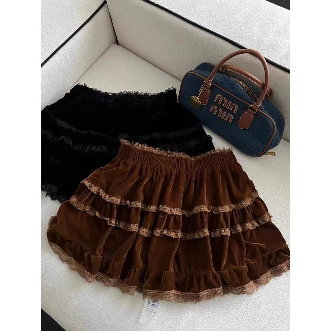 【王大拿】蕾丝洋气荷叶边花边时尚拼接短裙复古丝绒百搭蓬蓬裙