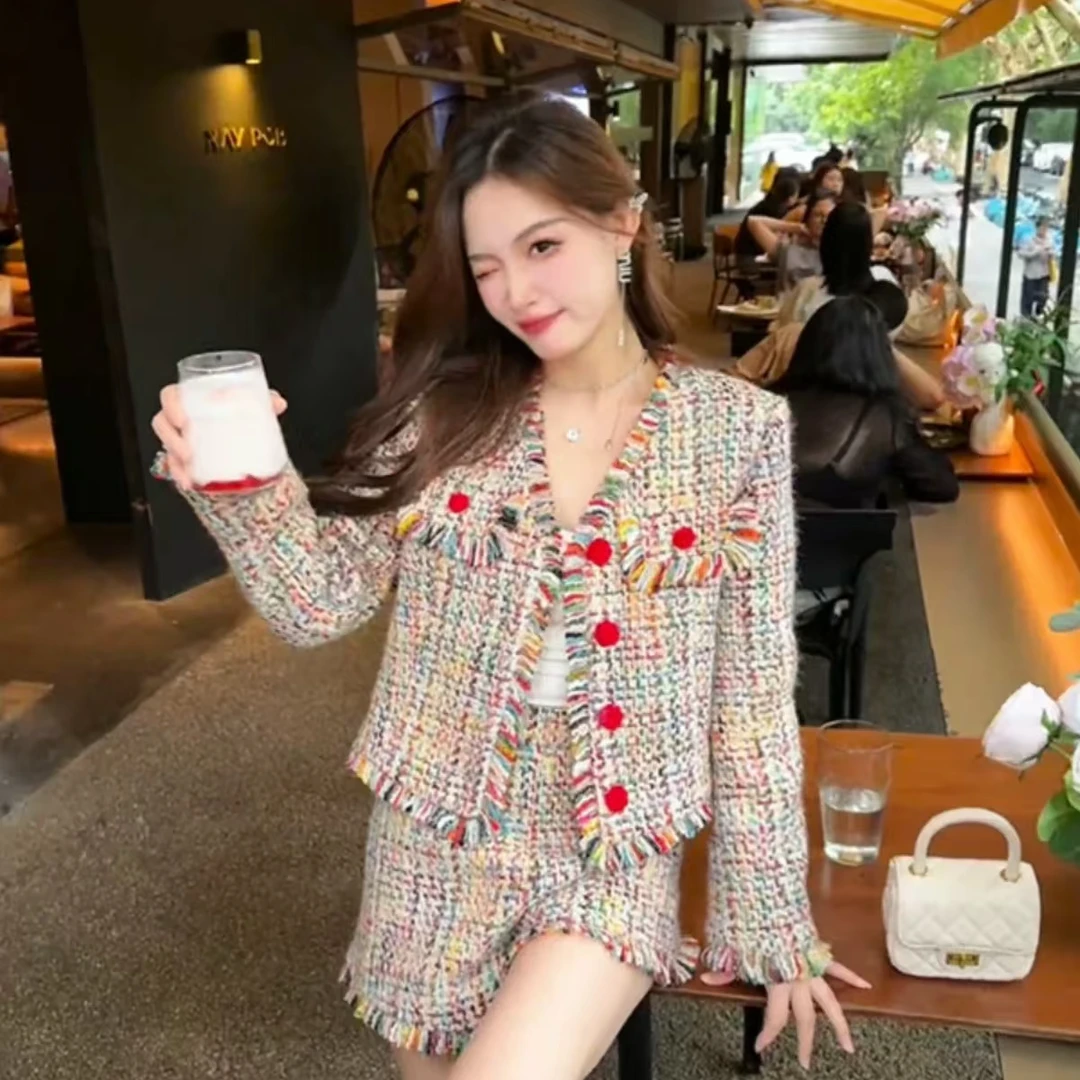 【琦琦家】371新款秋冬彩虹洋气百搭小香风加棉套装