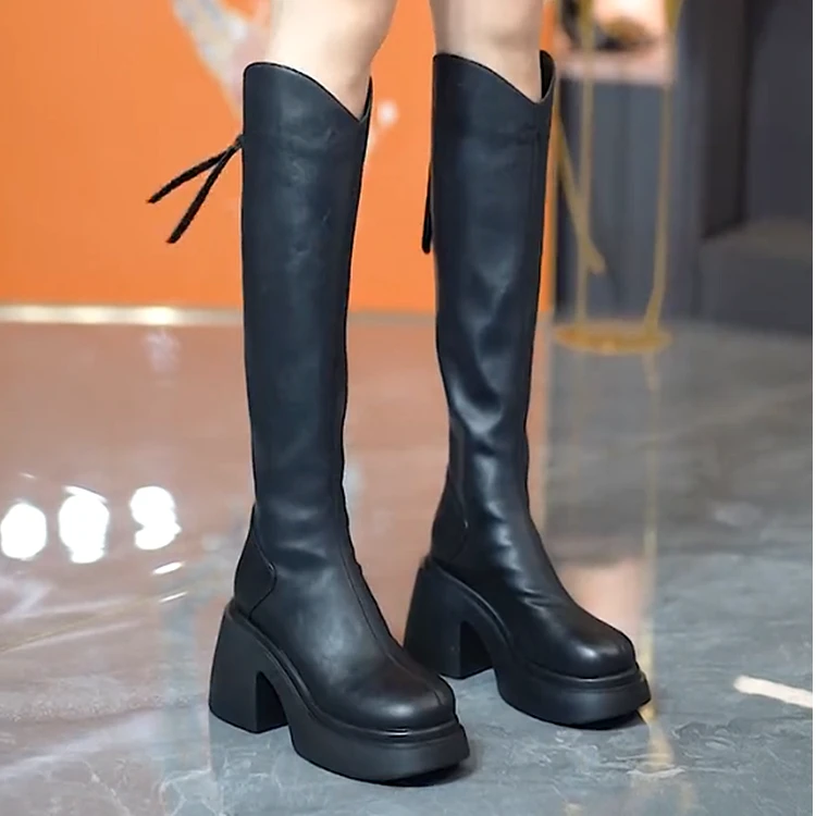 【直播间专享】厚底粗跟长筒靴秋冬V口不过膝长靴骑士靴【娜】