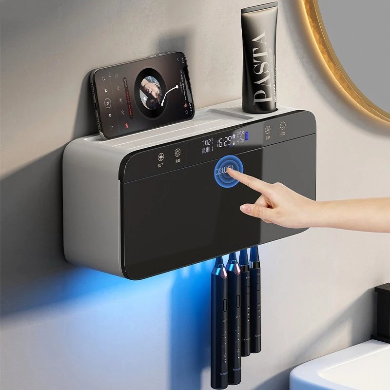 壁挂式牙刷消毒器智能紫外线烘干套装电动免打孔漱口杯置物架自动