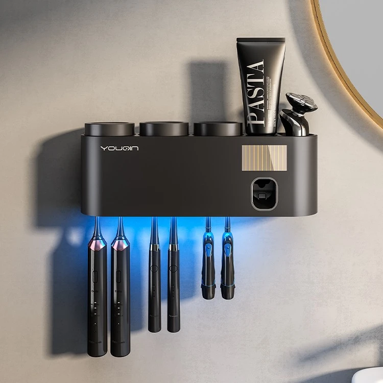 壁挂式紫外线牙刷消毒器智能杀菌牙杯收纳免打孔电动牙刷置物挂架