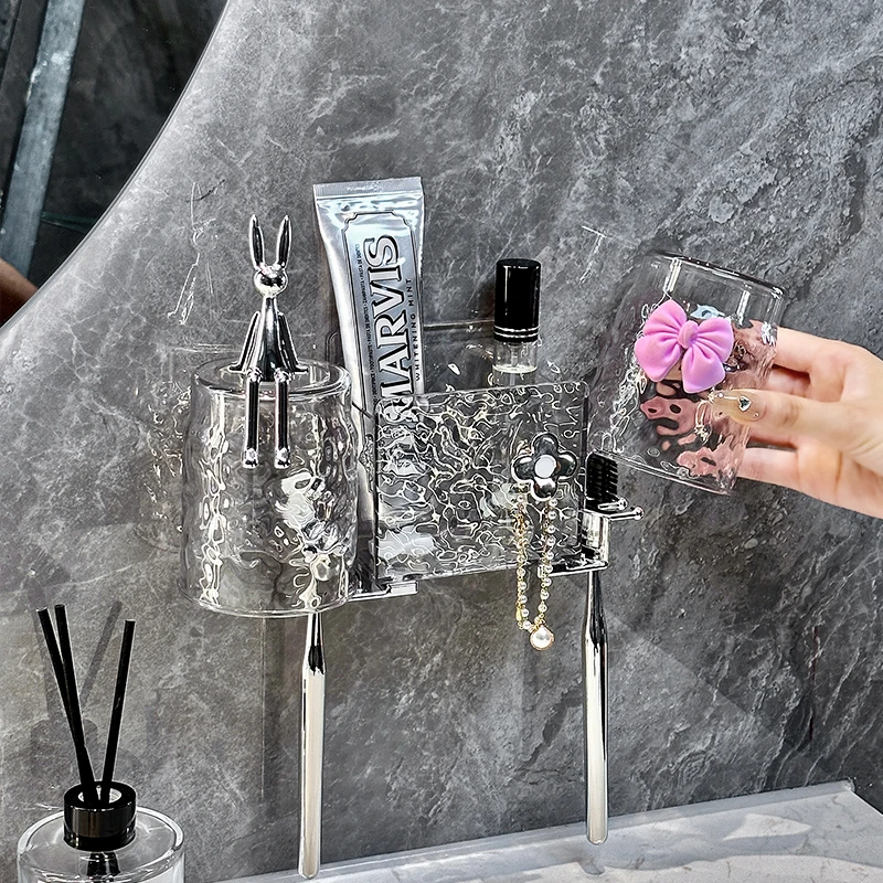 轻奢牙刷架壁挂漱口杯套装家用卫生间牙杯牙刷架洗漱杯壁挂置物架