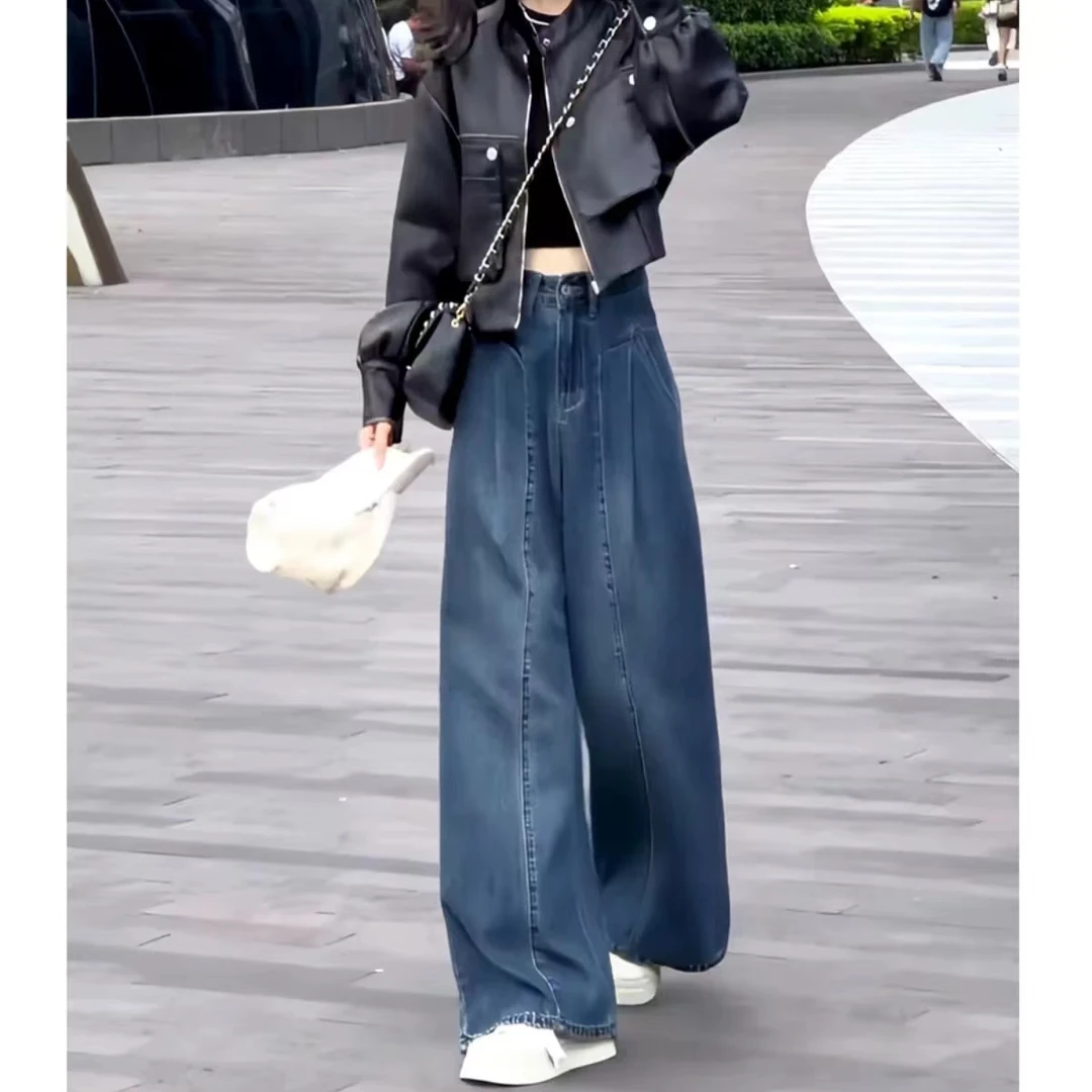 复古蓝高腰阔腿牛仔裤女 流浪单宁 2024秋新款垂感直筒拖地裤8053