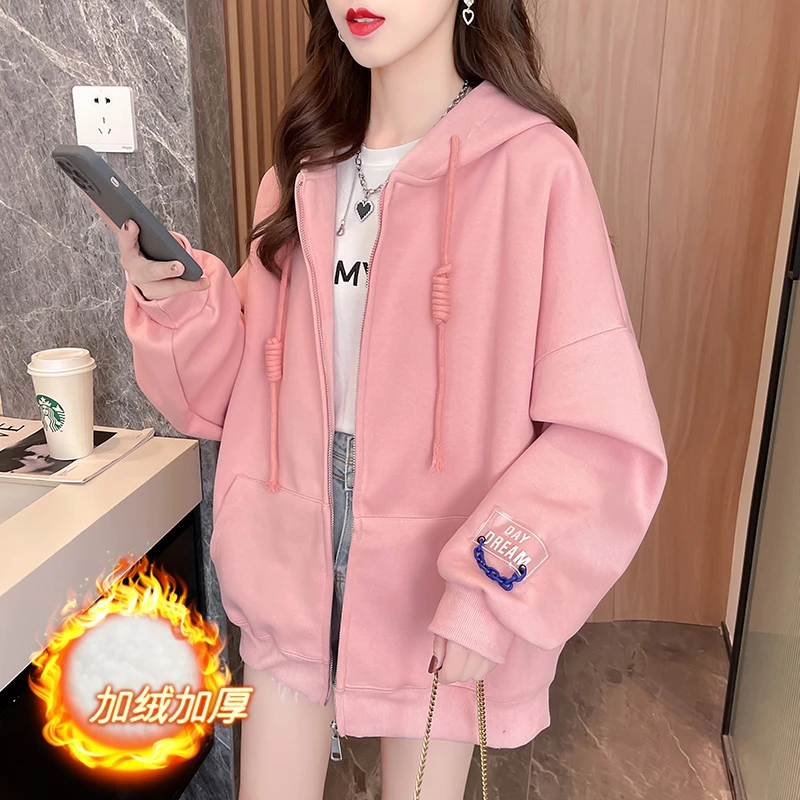 孕妇装宽松秋冬款韩版外穿加绒加厚时尚个性百搭开衫连帽卫衣外套