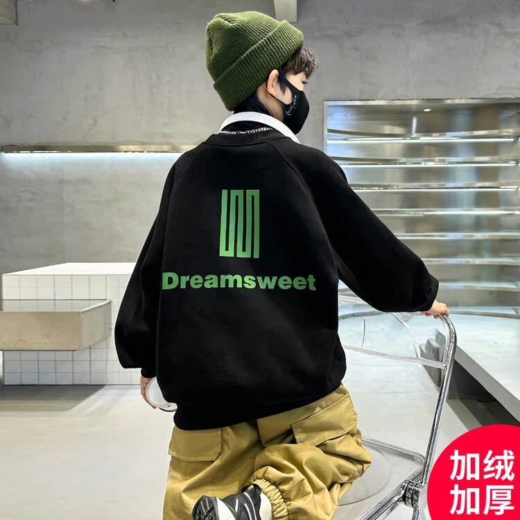 男童大童加绒卫衣冬季2023新款男孩加厚奥利绒卫衣洋气超酷中大童