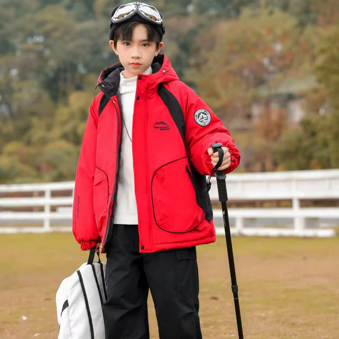 2025儿童保暖派克服红色男孩精品童装棉服男大童加绒加厚派克服