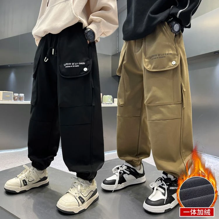 男童中大童奥粒绒工装裤2025新品男孩加绒加厚长裤运动休闲裤