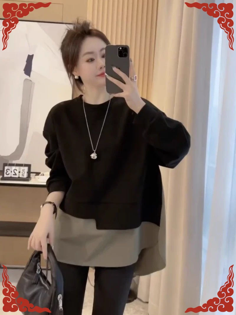 2023设计感撞色拼接中长款卫衣女秋冬休闲淑女慵懒风不规则上衣潮
