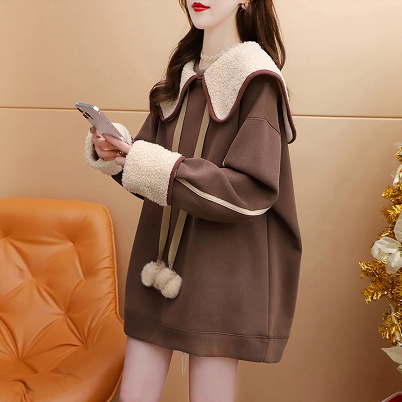 秋冬新款大码胖mm设计感加绒卫衣女韩版宽松百搭中长款海军领上衣