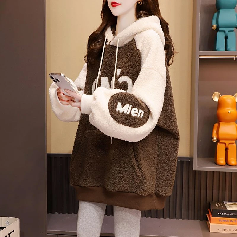 拼色刺绣羊羔绒卫衣女秋冬新款韩版宽松设计感加绒加厚上衣外套潮