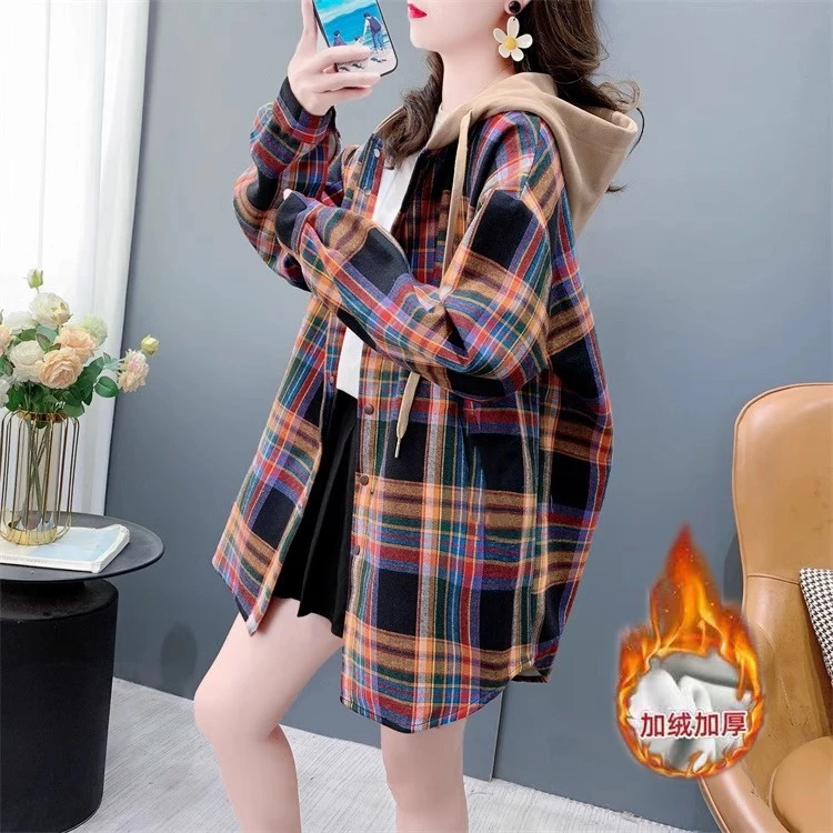 慵懒风格子连帽衬衫外套女加绒加厚2024新款秋冬宽松洋气卫衣上衣