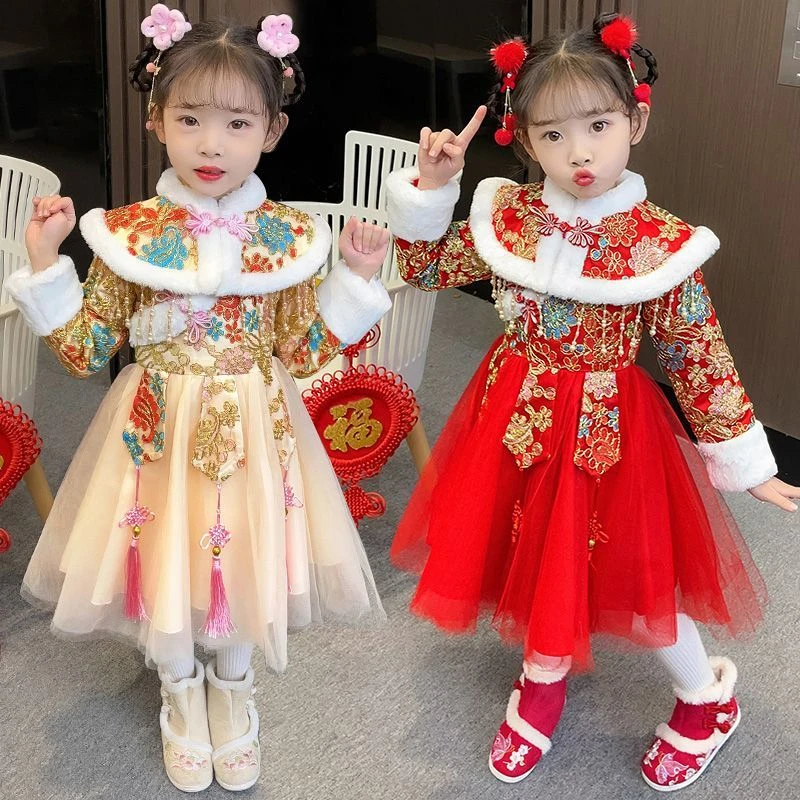 女童唐装连衣裙冬装新款加绒儿童古装汉服旗袍喜庆过年宝宝拜年服