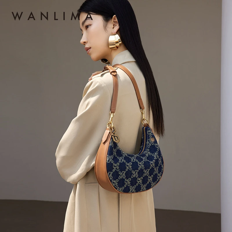 【万月系列】万里马新款腋下包丹宁牛仔月牙包女士单肩斜挎包