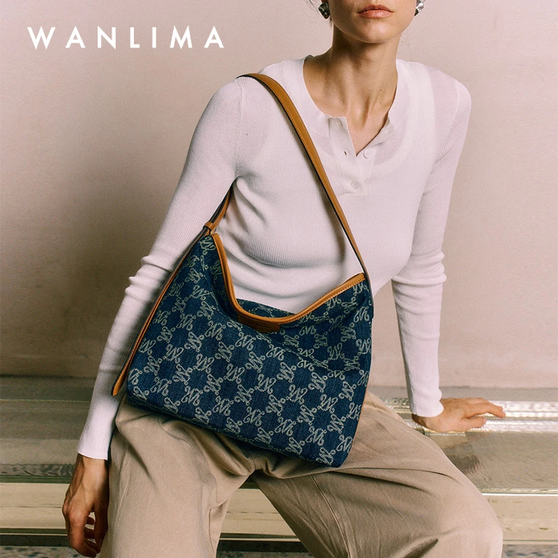 万里马2025年新款丹宁hobo包牛仔包单肩手提包斜跨包通勤腋下包