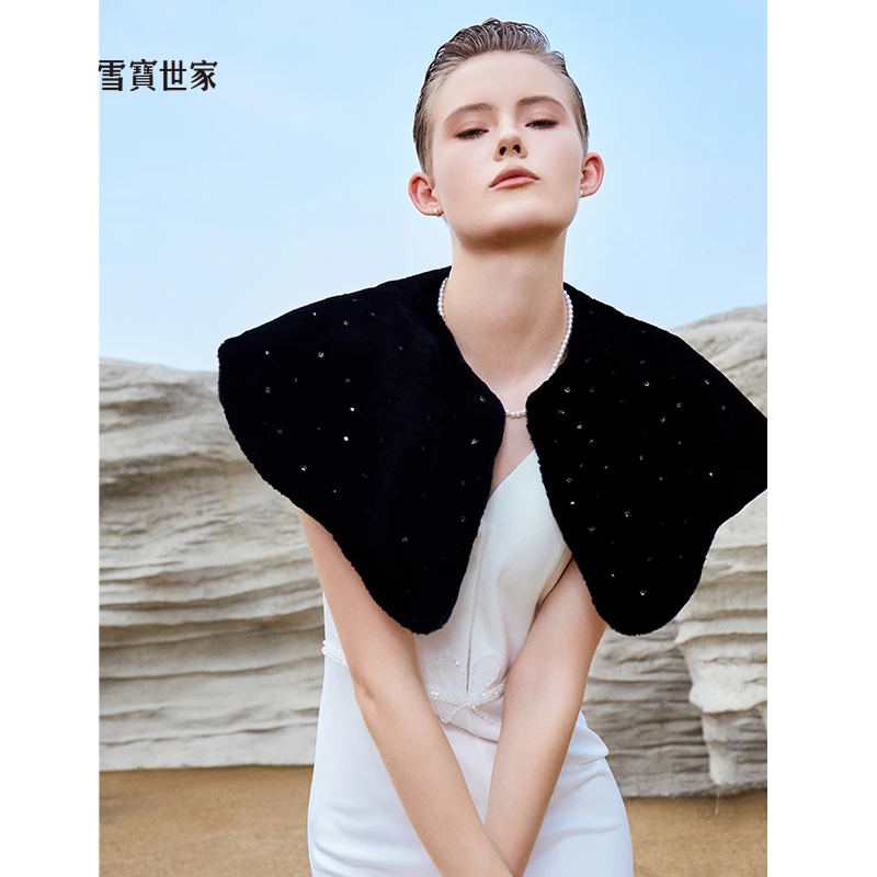 雪宝世家【镶钻系列】貂绒披肩女短款进口轻奢晚宴小坎肩外搭百搭