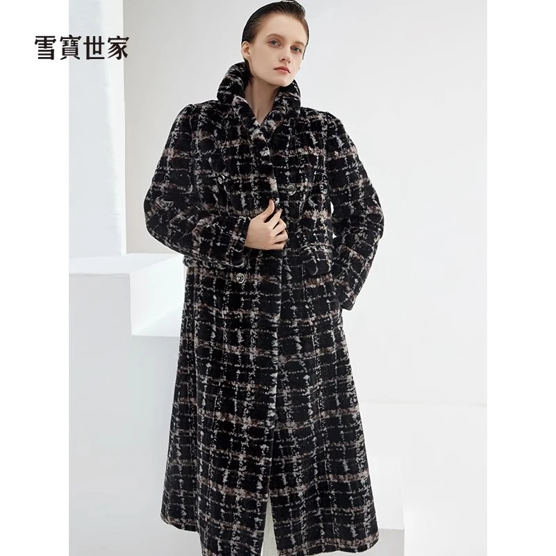 水貂长款大衣女士貂绒新款时尚格子撞色长款进口整貂外套复古9776